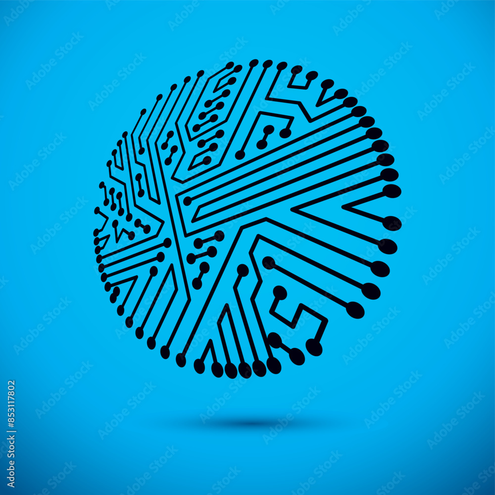Poster technology communication round cybernetic element. vector abstract illustration of circuit board.