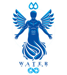 Vector graphic illustration of muscular human, individual made with bird wings. Pure water is free life, Poseidon the god of sea and defender of all waters.