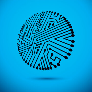 Technology communication round cybernetic element. Vector abstract illustration of circuit board.