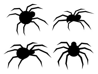Black widow silhouette set. Silhouettes of spiders icon set on a white background. View of the spider from the side and from above. Design for print, banner and poster. Vector illustration