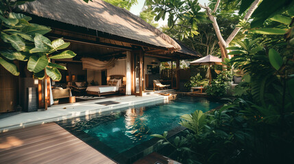Luxury villa with bedroom open view on swimming pool in Bali
