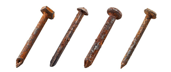 Rusty old nails in various shapes decay and abandonment transparent background