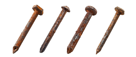 Rusty old nails in various shapes decay and abandonment transparent background