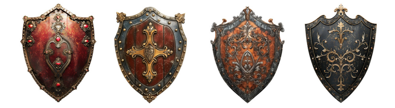 Medieval shields with elaborate patterns protection and valor transparent background