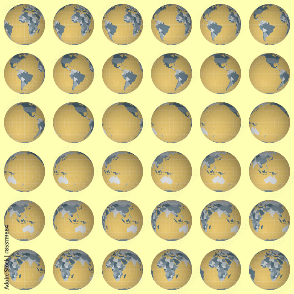 Poster collection of globes. normal sphere view. rotation step 10 degrees. colored countries style. world m
