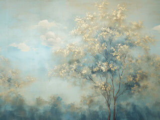 Hand-painted wallpaper featuring a tree and clouds in a serene landscape