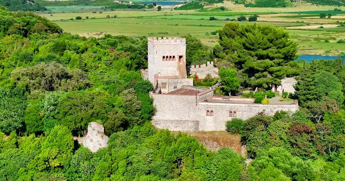 Aerial view of Butrinti national park and the ancient ruins in Sarande, southern Albania. 