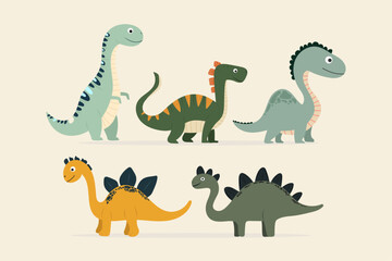 Dinosaurs set in cute children's style on beige isolated background. Vector colorful dinosaurs, striped and with spikes, children's cartoon concept. For prints, cards, invitations.