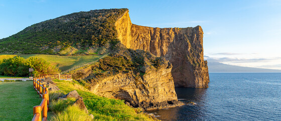 Viewpoint between the hills in the late afternoon at sunset, Velas. São Jorge...