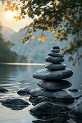 Serene landscape featuring stacked stones by a tranquil lake at sunset, symbolizing balance, harmony, and nature's beauty.