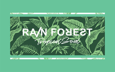 Vector illustration of text alluding to the Amazon rainforest and its preservation. Art with leaves in graphic style in the background.