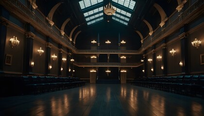 A large, dark hall with intricate details, high ceilings, and dramatic lighting, creating a solemn and majestic ambiance.