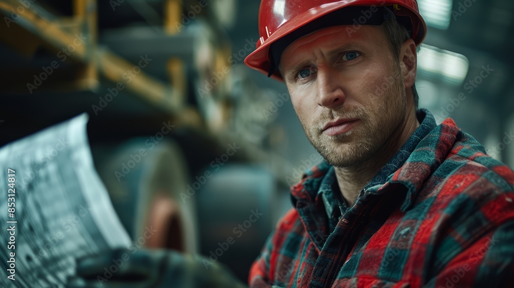 Sticker  A man in a checked shirt and a red hard hat examines a paper