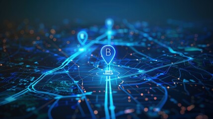 Digital map showing location with two icons representing artificial intelligence technology in GPS, and location on map.