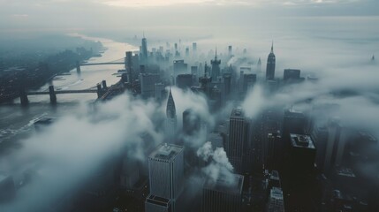 City center with skyscrapers immersed in fog. High buildings. Early morning glow.
