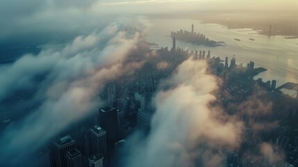 Obraz premium City center with skyscrapers immersed in fog. High buildings. Early morning glow.