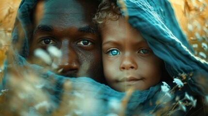 Father and Son Bonding in Nature. A touching portrait of a father and son bonding outdoors, sharing a close and affectionate moment surrounded by nature.