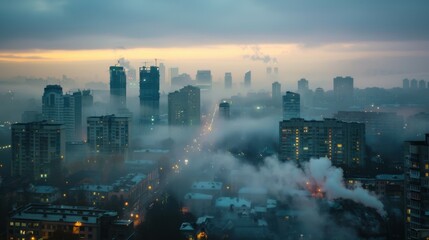 City center with skyscrapers immersed in fog. High buildings. Early morning glow.