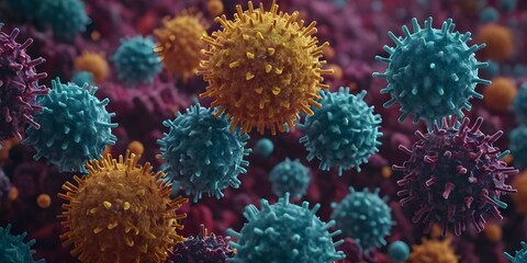 Obraz premium A detailed visualization of various virus molecules in a vibrant, colorful setting, showcasing the complexity and beauty of microscopic structures.