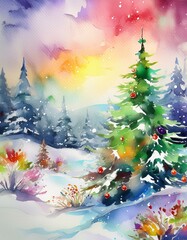Christmas trees in the snow with rainbow sky watercolor background with copy space