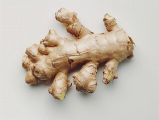 A detailed close-up of a ginger root on a white background
