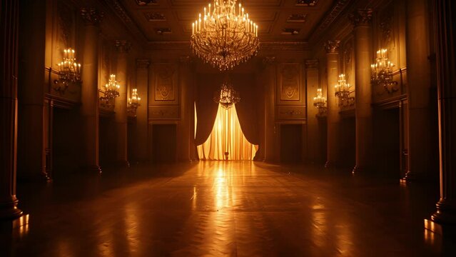 A grand entrance leads into a dimly lit ballroom the only source of light coming from a flickering chandelier hanging overhead. The empty dance floor is surrounded by ornate columns
