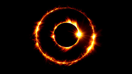 Abstract solar eclipse caused by a Lunar event with ring of fire on black background.