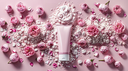 Cosmetic product mock up placed against pale pink powder with subtle roses on pink background.