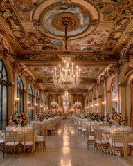 opulent ballroom with lavish chandeliers and ornate ceilings, elegant table settings and grand architecture, luxurious and sophisticated ambiance
