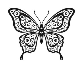 Black and white butterfly with a pattern of lines and circles on the wings, isolated on a white background. Vector illustration