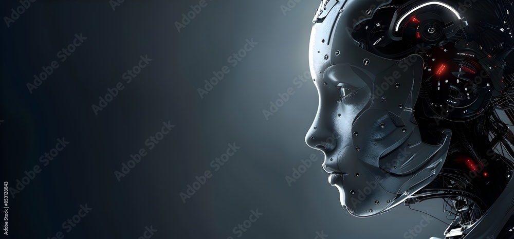 Poster a profile view of an ai robot woman with her head open, showcasing the neural network inside it on a
