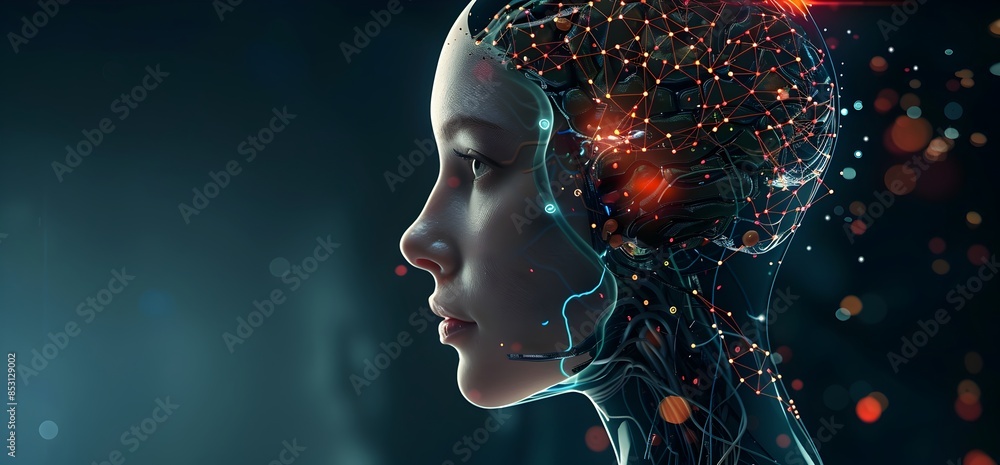 Poster a profile view of an ai robot woman with her head open, showcasing the neural network inside it on a