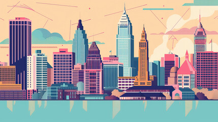 Naklejka premium Risograph print travel poster illustration of Cleveland, Ohio, modern, isolated, clear, simple. Artistic, stylistic, screen printing, stencil, stencilled, digital duplication. Banner, wallpaper