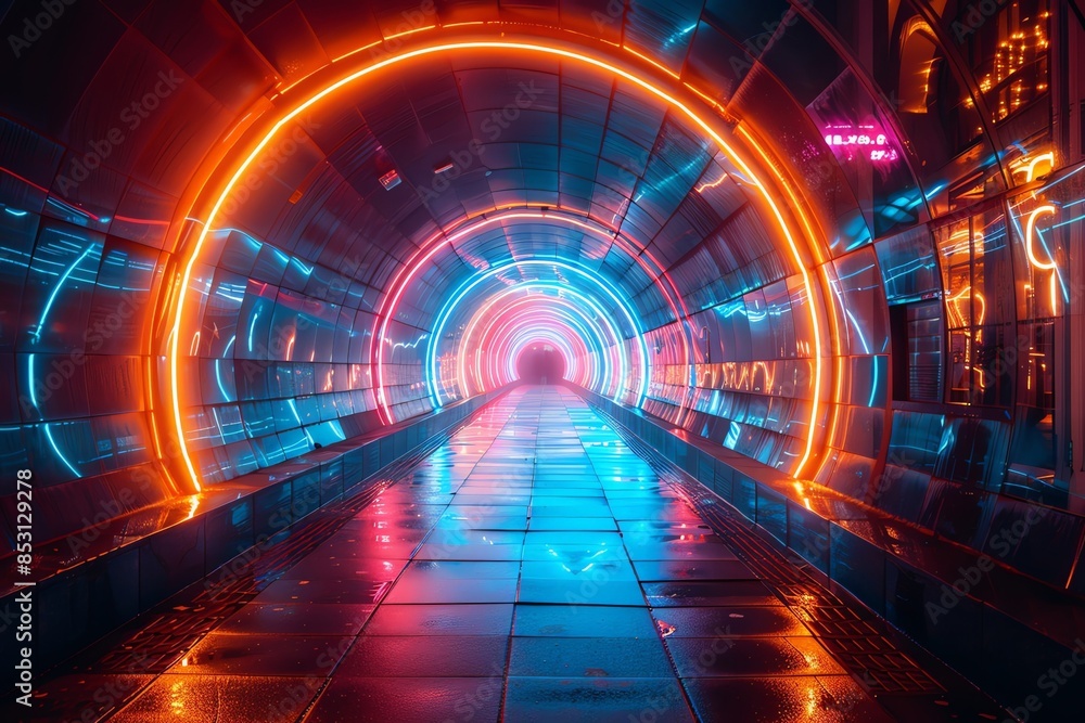 Poster futuristic neon-lit tunnel with vibrant colors and reflections creating a mesmerizing and energetic 