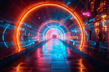 Obraz premium Futuristic neon-lit tunnel with vibrant colors and reflections creating a mesmerizing and energetic atmosphere, perfect for sci-fi themes.