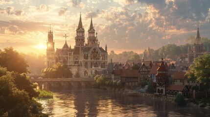 Naklejka premium Realistic Fantasy Village with Wildlife Ambiance