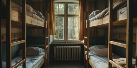 Fototapeta premium A modern hostel room with bunk beds and clean, comfortable bedding for a relaxing stay.