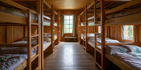 Fototapeta premium A rustic children's camp bedroom with wooden bunk beds and vintage decor.