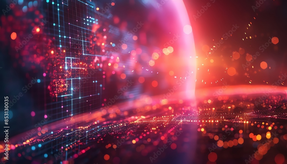 Poster futuristic digital landscape with abstract data streams and glowing neon lights, representing techno