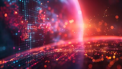 Obraz premium Futuristic digital landscape with abstract data streams and glowing neon lights, representing technology and virtual reality.