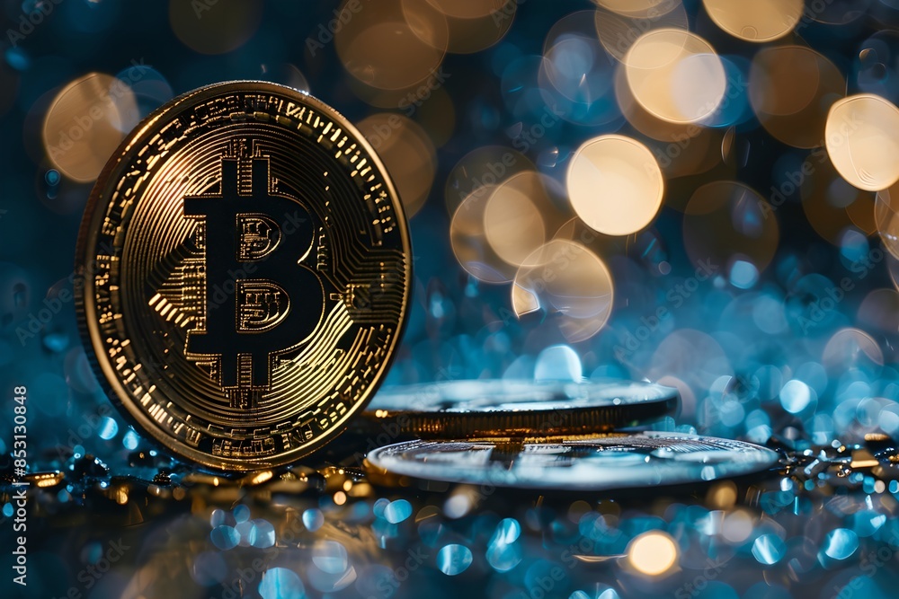 Aufkleber bitcoin coin with blue bokeh background. cryptocurrency and modern blockchain technology. electronic