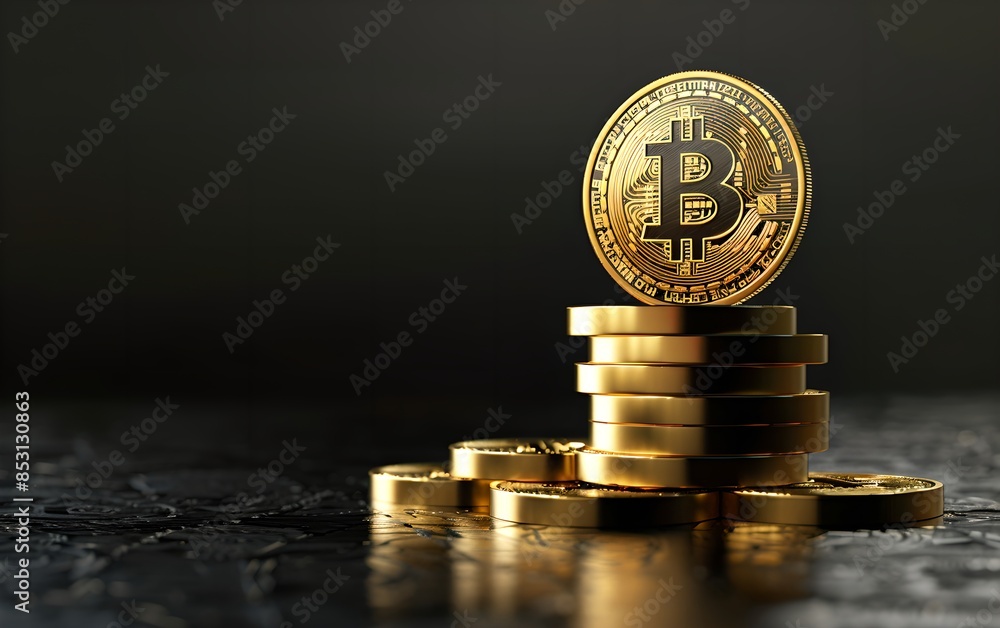 Aufkleber stack of bitcoins isolated on black background. cryptocurrency and modern blockchain technology. ele