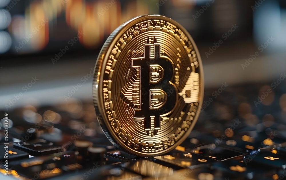 Aufkleber bitcoin coin standing on a keyboard with financial charts in the background. cryptocurrency and mode