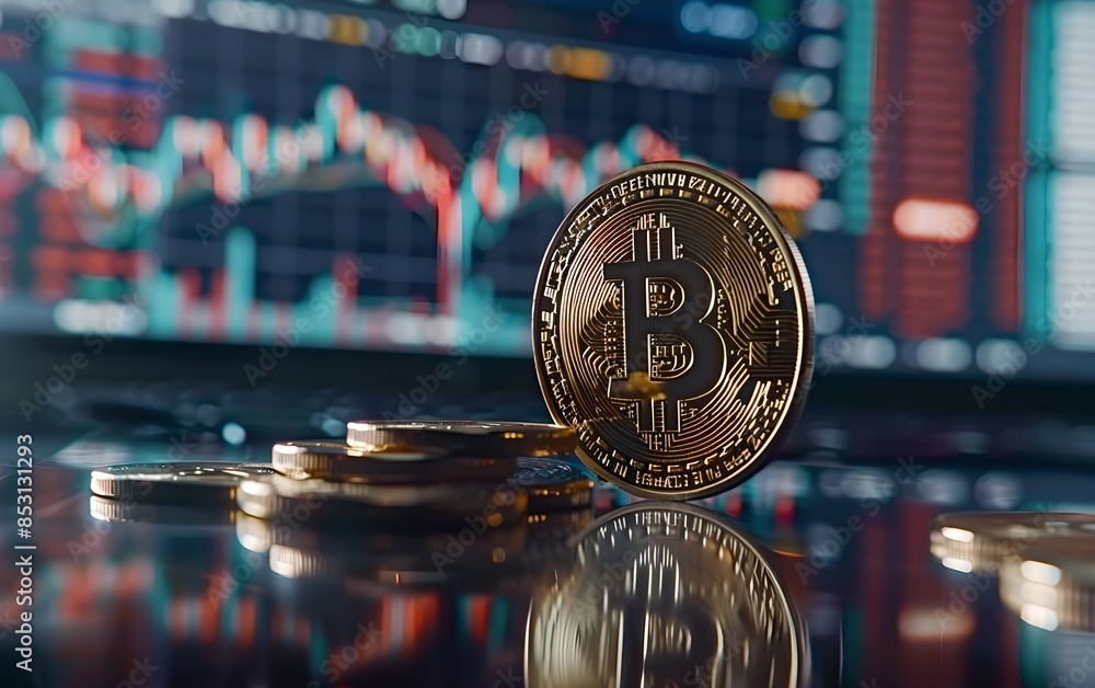 Aufkleber bitcoins with financial charts in the background. cryptocurrency and modern blockchain technology. e