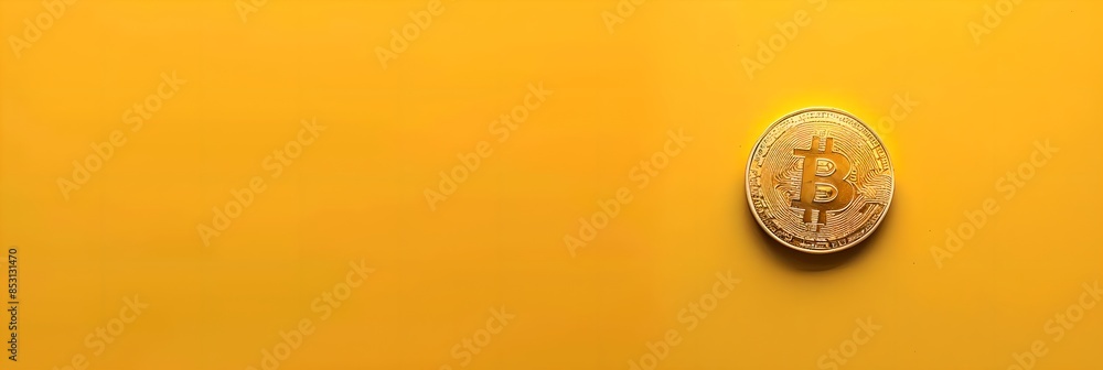 Poster bitcoin isolated on yellow background. cryptocurrency and modern blockchain technology. electronic d