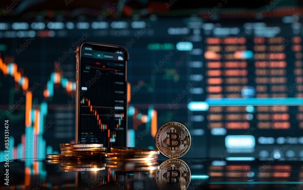 Poster bitcoin with financial charts and smartphone displaying stock market data. cryptocurrency and modern