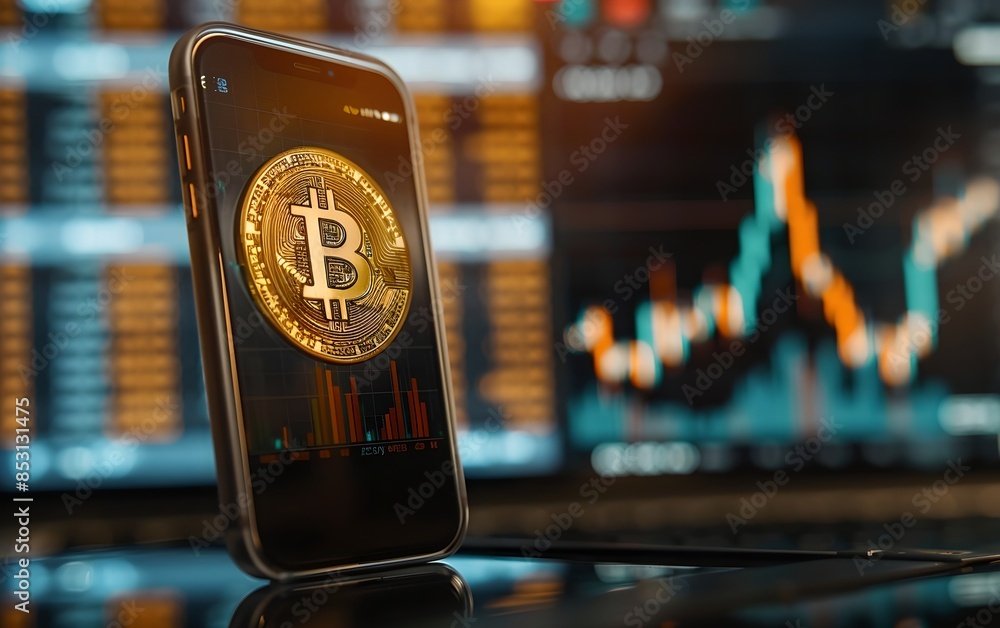 Aufkleber smartphone displaying bitcoin symbol with financial charts in the background. cryptocurrency and mod