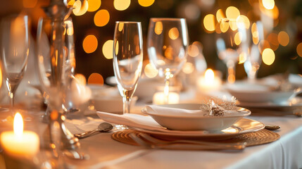 Elegant dinner table setting with fine china, wine glasses, and flickering candles.