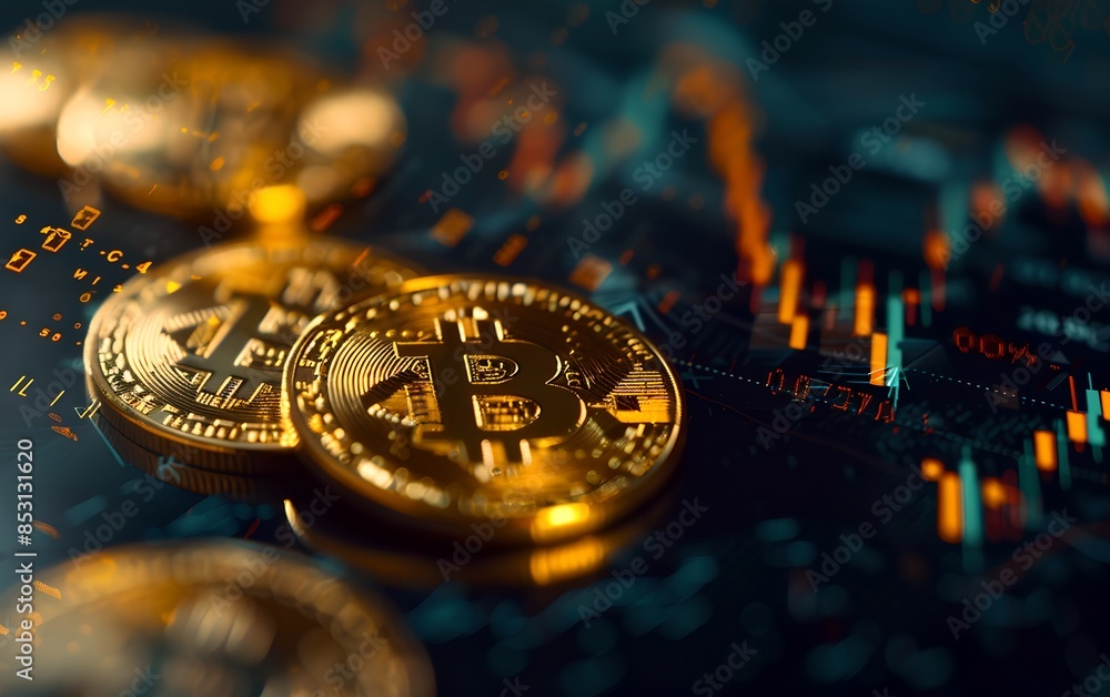 Aufkleber bitcoins with exchange trading charts data in the background. cryptocurrency and modern blockchain t
