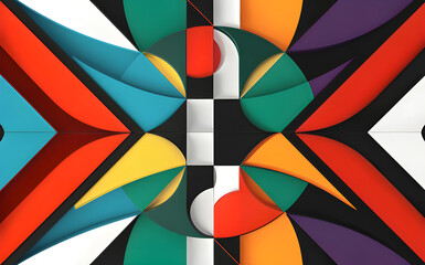 seamless pattern with bold, geometric shapes in vibrant colors, incorporating triangles, circles, and squares